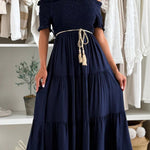 Solid Color Off-the-shoulder Pleated Waist Midi Dress