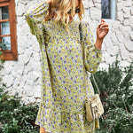 Long Sleeve Dress Boho Floral Ruffle High Neck Mini Dress Casual Loose Pleated Flowy Dresses