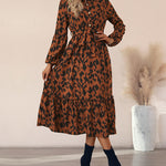 Long-sleeved Leopard Print Button Mid Dress with Belt