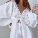 White Two-Piece Lantern Sleeve V-Neck Top and Shorts Set