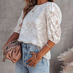 Nadorine Five Quarter Sleeves Puff Sleeves Round Neck Top Chiffon Loose Flower Texture Casual Shirt