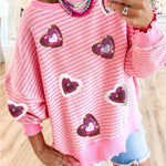 Pink Stripe Sequin Heart Patches Pattern Long Sleeve Valentines Top