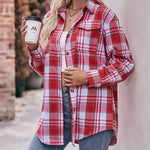 Nadorine Loose Fit Plaid Shirt Casual Long Sleeve Lapel Collar Button Tunic Tops