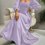 Solid Color Long Sleeve Dress Square Neck Lotus Leaf Maxi Dress