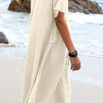 Summer loose casual cotton and linen solid color round neck short-sleeved mid-length dress