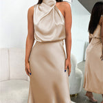 Long Formal Satin Dress Mock Neck High Neck Evening Dress
