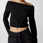 Nadorine Chic Off Shoulder Sweater Solid Basic Sexy Slim Fit Crop Top