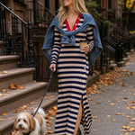 Retro Nautical Navy Striped Polo Collar Long-Sleeve Slit Maxi Dress