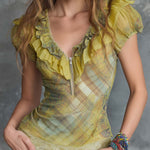 Boho Vintage Ruffled Zip-Front Sheer Top In Soft Moss Green