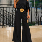 Women's Satin Two Piece Set Convertible Shoulder Drawstring Sleeve Top and Wide Leg Pants Set without Belt