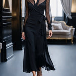Long Sleeves Loose Buttoned Pleated Solid Color Split-Joint Tied Waist Lapel Maxi Dresses