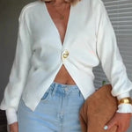 Only Yours Knit Metal Leaf Shape Button Lantern Sleeve Relaxed Cardigan