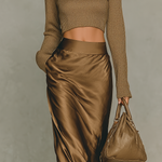 Women's Fashionable Gold-brown Turtleneck Long-sleeved Knit Top Paired With A Satin Midi Skirt