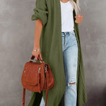 Pickle Green Cable Knit Side Slits Open Front Duster Cardigan