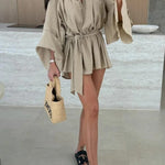 Molly Linen Blend Tiered Bell Sleeve Tie-up Cover-up Mini Dress