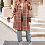 Nadorine Plaid Longline Button-Up Shacket Lapel Neck Long Sleeve Shirt Pocket