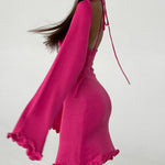 Nadorine Elegant Backless Lace-up Bell Sleeve Ruffled Hem Mini Dress for Women Casual Going Out Summer 2026