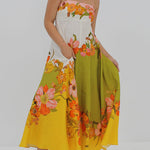 Linen Blend Contrast Floral Print back smocked Pocket Maxi Dress