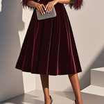 Dark Blue Feather-trimmed Velvet Round Neck Short-sleeved A-line Midi Dress