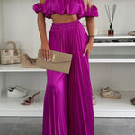 Jorie Satin Off Shoulder Puff Sleeve Crop Top and Elastic Waist Pleated Wide Leg Pants Set