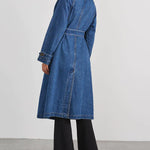 Retro Mid-length Denim Jacket Loose Fit Double-breasted Denim Jacket Windbreaker with Belt