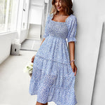 Short Sleeve Off Shoulder Floral Dress Slim Fit Casual Ruched Dresses
