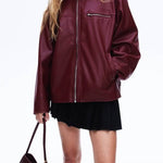 Fashion Lapel Long Sleeve Pocket Zipper Leather Jacket