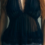 Romantic Black Sheer Lace Halter Chiffon Tank With Scalloped Trim