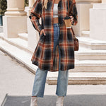 Nadorine Plaid Longline Button-Up Shacket Lapel Neck Long Sleeve Shirt Pocket