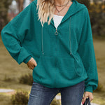 V-Neck Zipper Closure Solid Color Long Loose Hoodie Jacket