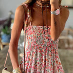 Rubie Satin Printed Strapless Elastic Back Band Maxi Dress