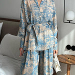 Long Sleeves Buttoned Printed Tied Waist Notched Collar Shirts Top + High Waisted Pants Bottom Two Pieces Set