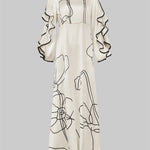 Loose Contrast Color Falbala Flower Print Hollow Zipper Maxi Dresses