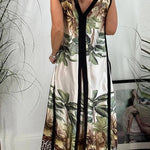 Vanna Unique Tropical Print Black Patchwork Detail A-line Maxi Dress