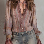 Boho Paisley Sheer Blouse With Lace Cuffs