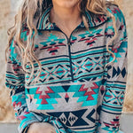 Geometric Print Sweatshirts Retro Long Sleeve Bohemia Loose Fit Zip Up Pullover