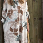 Botanical Print Long-sleeve Pocketed Single-breasted Loose Shirt Style Midi Dress