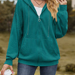 V-Neck Zipper Closure Solid Color Long Loose Hoodie Jacket