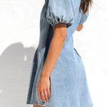 Lapel Button Bubble Short Sleeve Corset Cotton Denim Skirt