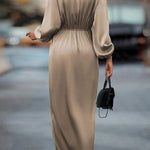 Loose Puff Sleeves Pleated Solid Color Split-Joint V-neck Midi Dresses