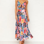 Spaghetti Strap Midi Dresses Sexy Deep V Neck Backless Floral Print Side Slit Maxi Dress