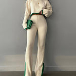 Knit Two Piece Outfit Color Block Cropped Top Long Pants Ribbed Sweater Set
