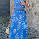 Casual Vacation Geometric Print Bandage Short Sleeve Two Pieces