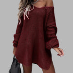 Loose Mid-length Off-shoulder V-neck Slit Knitted Sweater