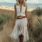 Simple Premium Western Style Front Button White Suede Vest