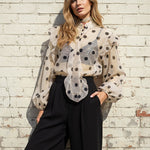 Long Sleeves Loose Buttoned Elasticity Polka-Dot Ruffle Trim See-Through V-Neck Blouses&Shirts Tops