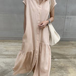 Nadorine Women's Casual Short Sleeve Ruffles Collared Button Down Maxi Dress
