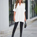 Nadorine Long Cuffed Sleeve Shirts Button Down V Neck Blouse Loose Fitting Tops