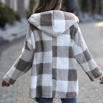 Hooded Loose Plaid Bubble Fleece Cardigan Jacket