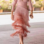 French V-neck long-sleeved tassel evening gown
